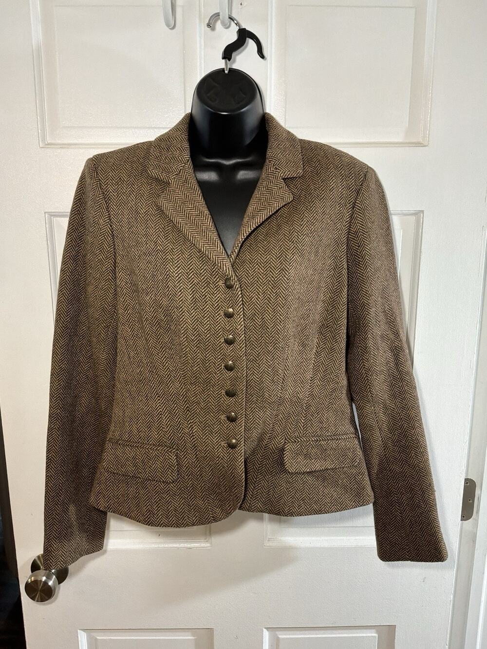 Chaps Women’s Herringbone Wool Blend Blazer Brown Equestrian Jacket Size Large
